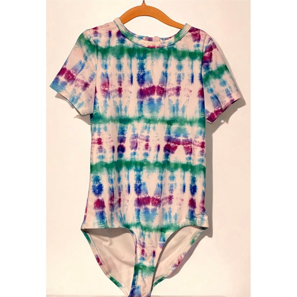 DSG Girls Short Sleeve One Piece Swimsuit Tide Dye Multi UV 50+ Size M 8-10 NEW